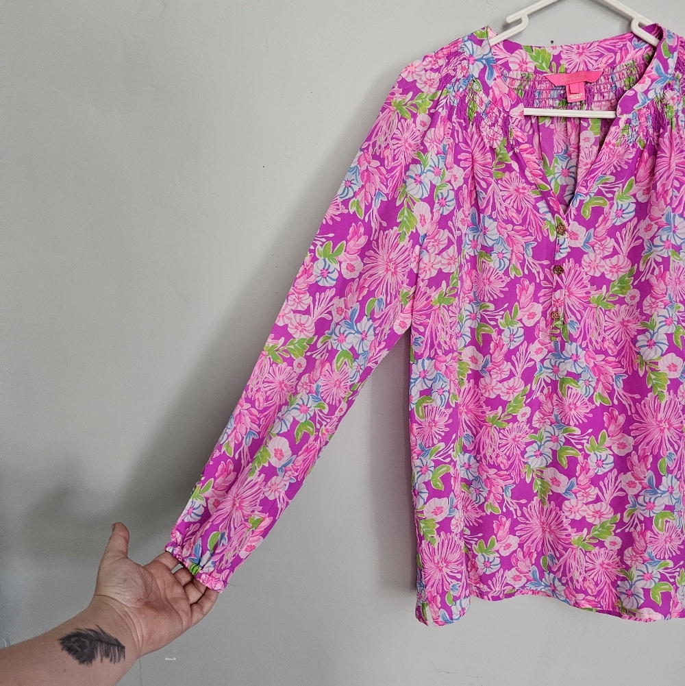 NWOT Lily Pulitzer Silk Pink Floral Blouse - Picture 4 of 10
